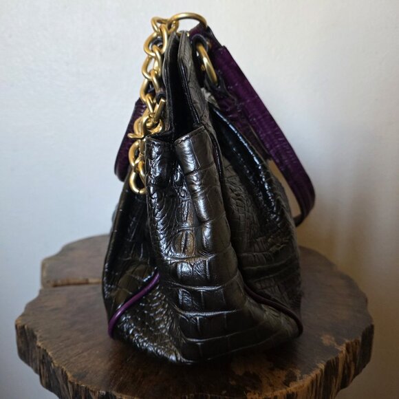 RARE Brahmin Adora Black & Purple Croc Embossed Leather Satchel Gold Chain - Picture 15 of 16
